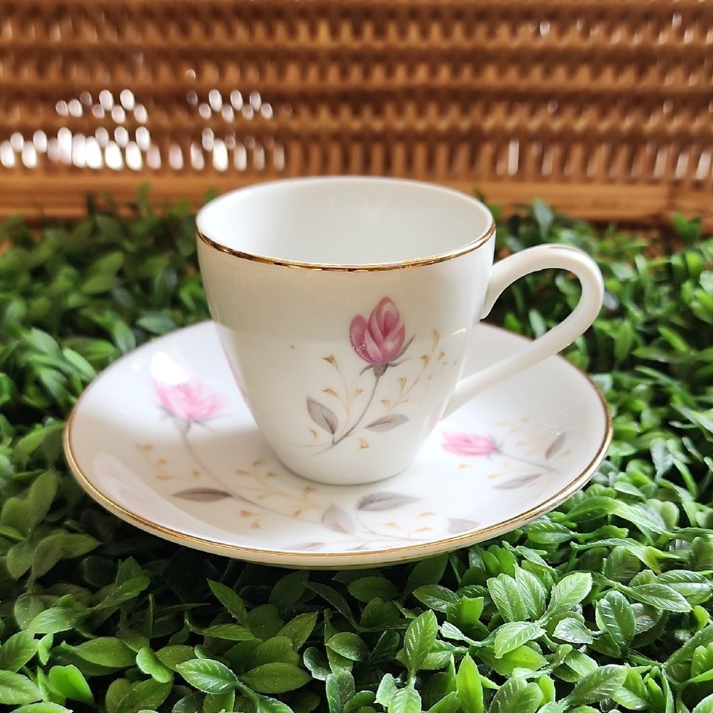 Vintage Japan Abalone China Flamingo Rose Demitasse Teacup & Saucer